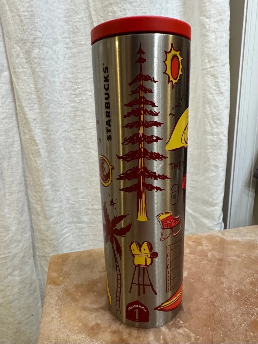 Starbucks Stainless Steel Tumbler Silver & red, NWOT “Been There” California